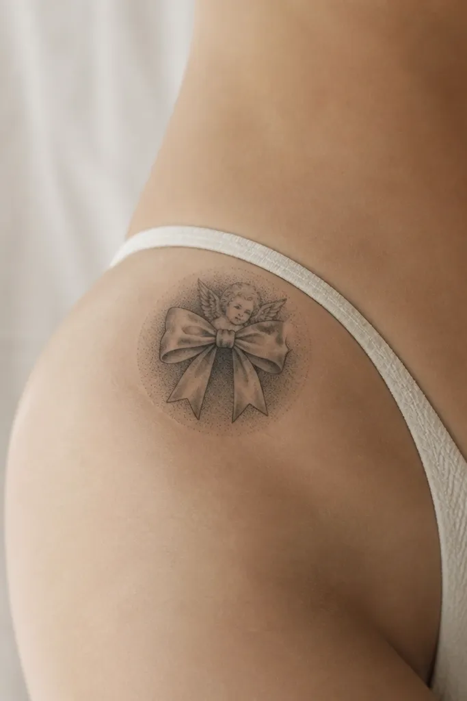 A small cherub bow on the upper hip with a tiny face peeking from behind it, surrounded by a light dotwork halo in gray-black.