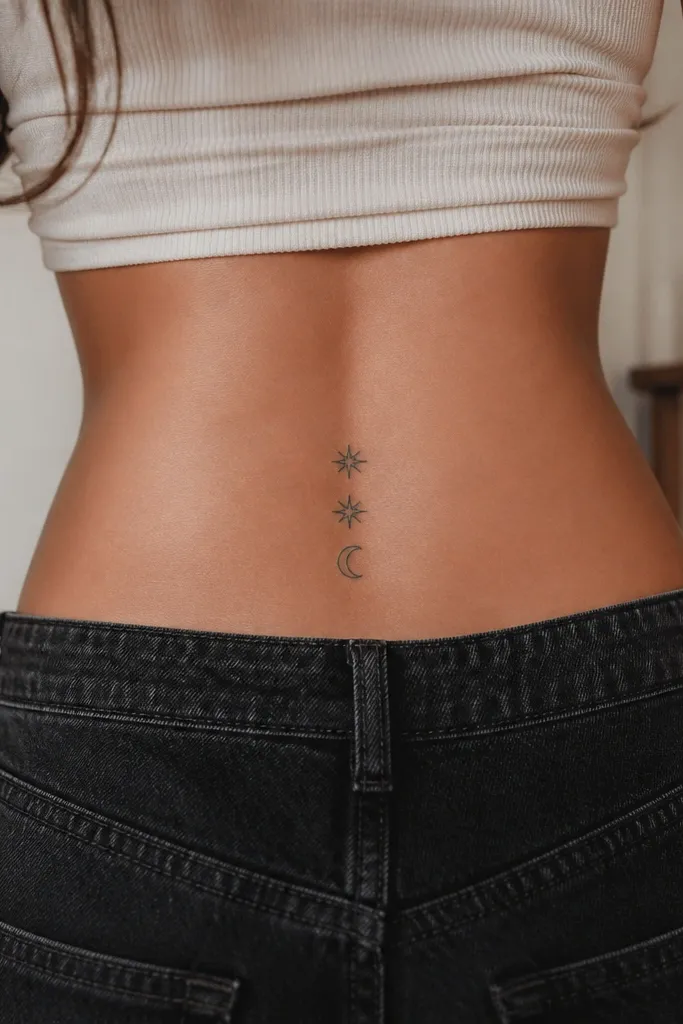 Two small five-point stars in solid black are placed diagonally on the upper back, with a tiny crescent moon in black centered below them. Clean dot shading sits inside the moon tip only.