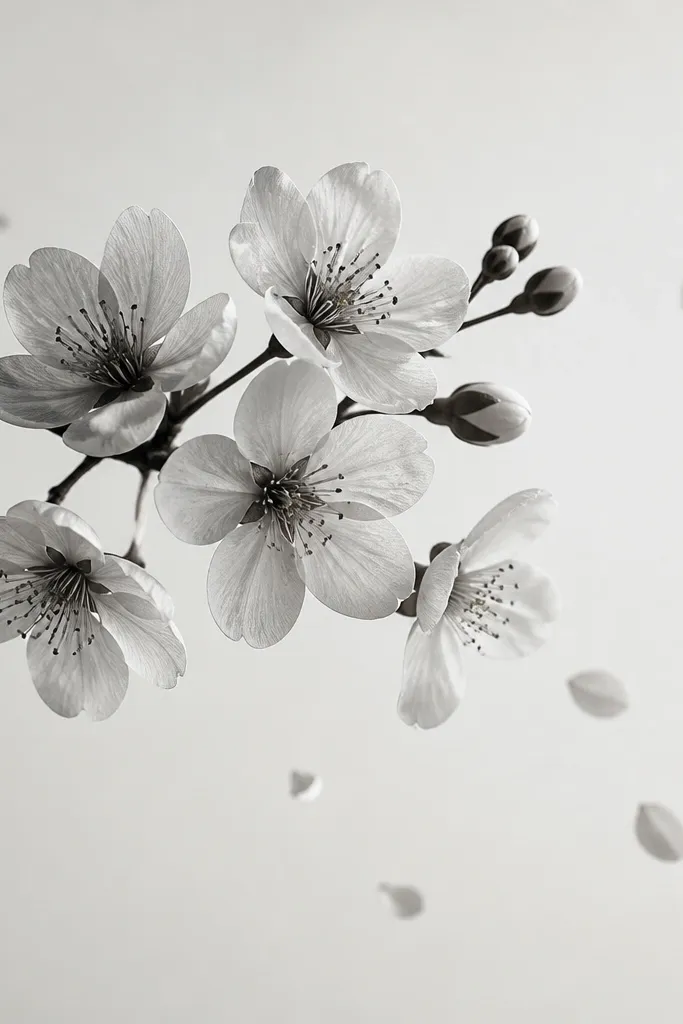 A cherry blossom branch with five main petals in black and muted gray, plus a few small petal dots drifting outward.
