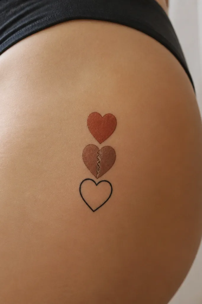 Three layered hearts stacked vertically on the upper hip, with the bottom heart outlined in black and one heart featuring a deliberate broken-line crack through the center.