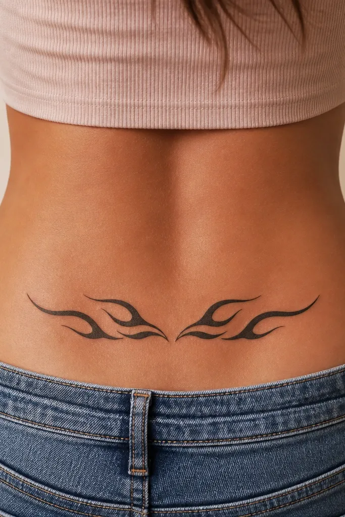 A compact band of flame-shaped tribal tips in solid black, stacked like a short scroll on the upper back. The shapes have sharp edges and clear negative space gaps.