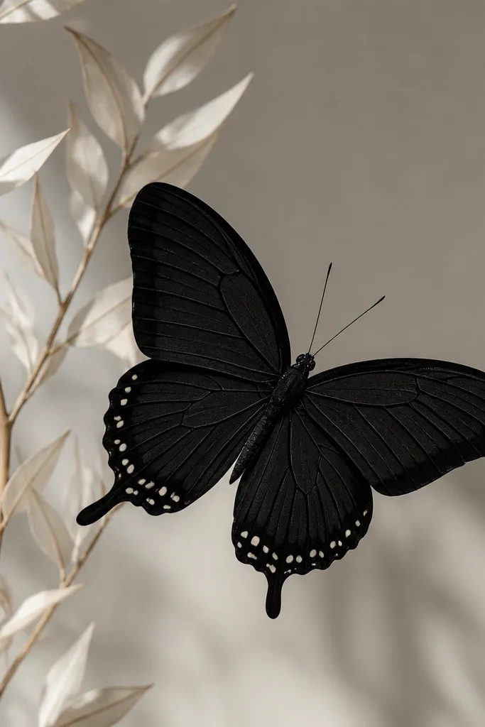 A black butterfly with thick outline wings, a few internal line details, and a small cluster of dots near the lower wing.