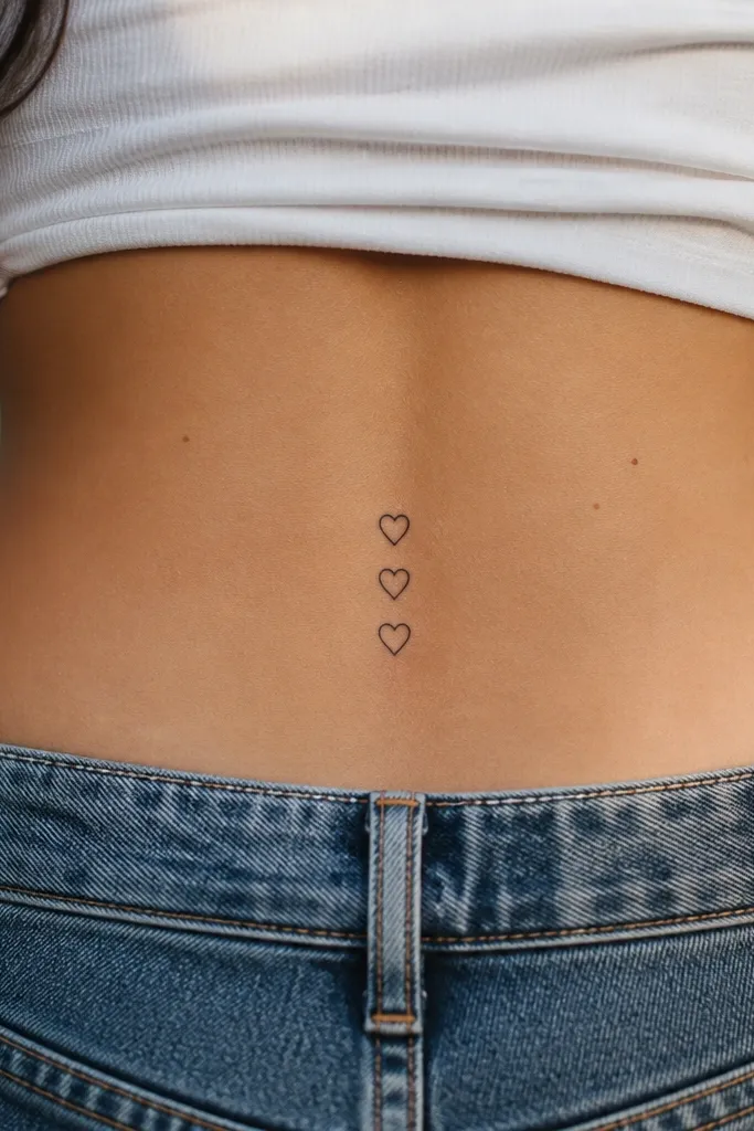 Three small black hearts stacked vertically on the center of the upper back. Each heart is about the same size, with a clean outline and solid fill.