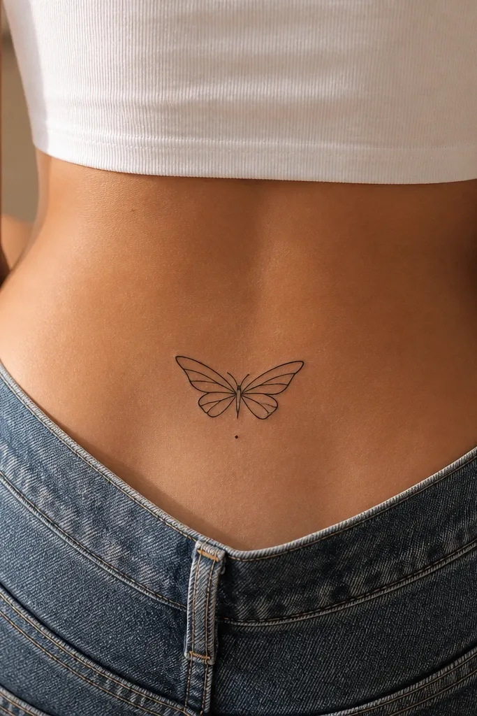 A butterfly wing outline in black ink with the inner wing lines kept simple. One small dot in light teal sits near the lower wing, like an accent jewel.