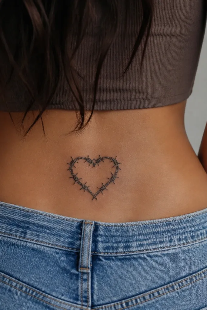 A heart shape formed by barbed-wire lines in black ink, with clear negative space inside the heart outline. The barbs are sharp and evenly spaced, with no extra shading.