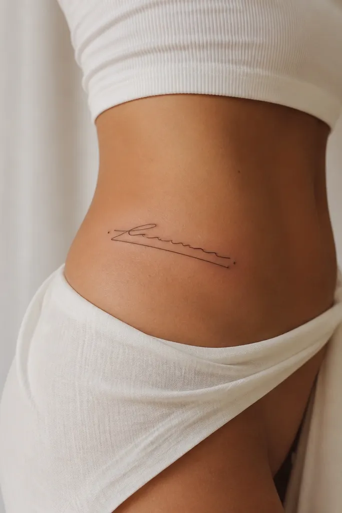 A small script nameplate across the upper hip with a single bold underline bar, plus tiny spark dots at the ends.
