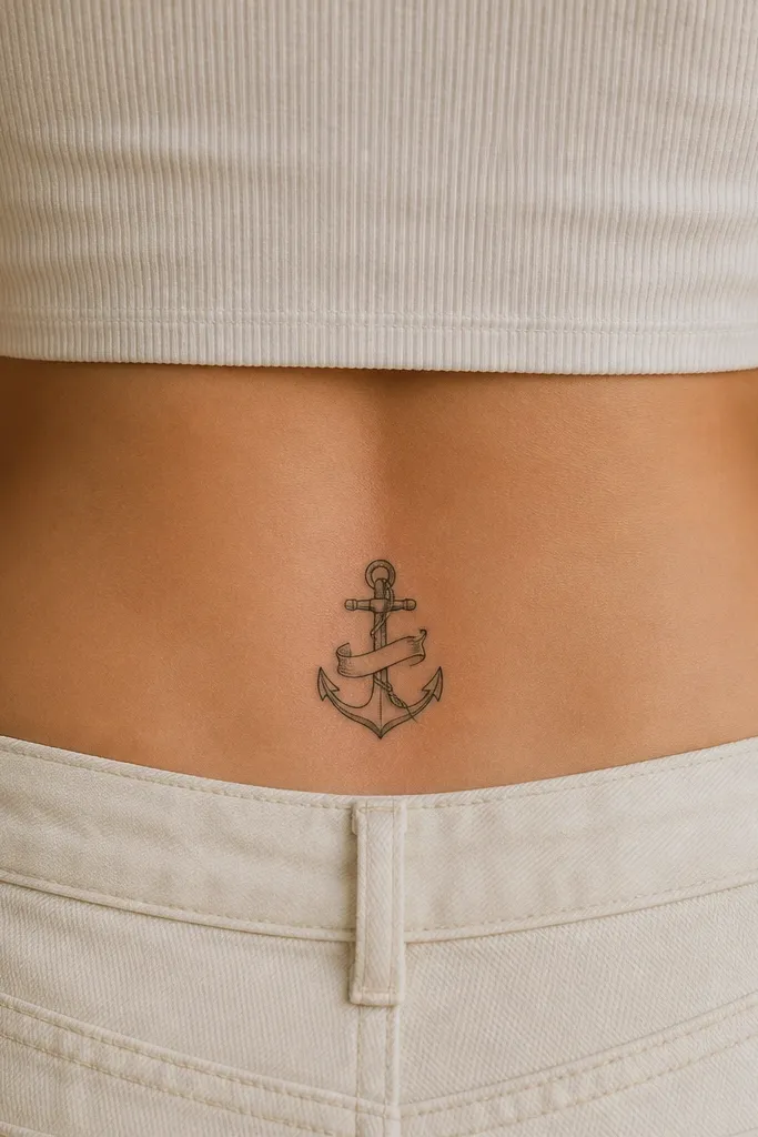 A small black anchor centered on the upper back with a ribbon banner beneath it. The ribbon has two tails and a simple knot; there is no text in the banner.