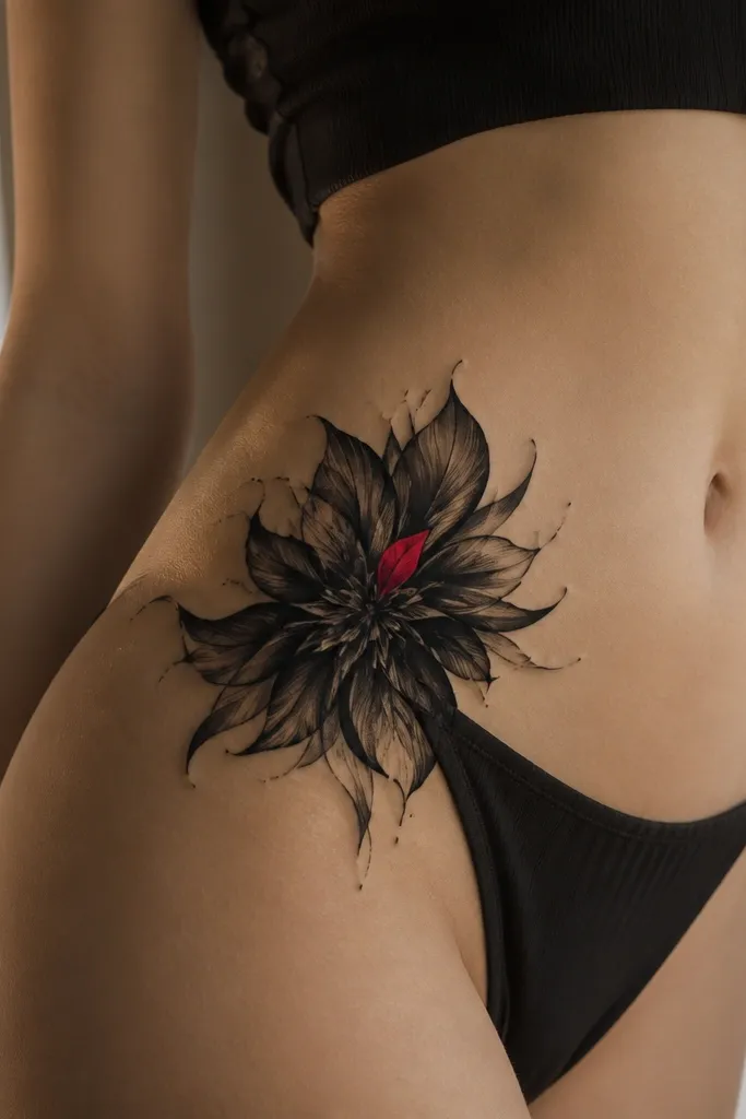A black flower burst on the upper hip with multiple petals, and one single red petal accent in the center.