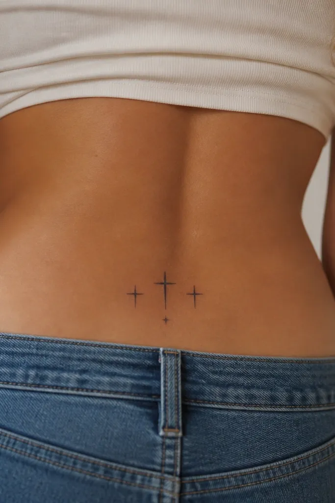 Three small black crosses in a slight arc on the upper back. Near the top cross, there's one small black "spark" star dot.