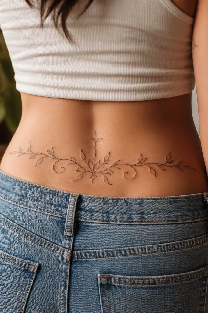A small cluster of black vine tendrils on the upper back, curving outward like the top of a half-sleeve. Two tiny rosebuds sit at opposite ends of the cluster.