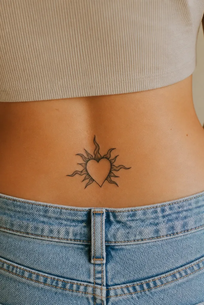 A black heart in the foreground with a small tribal sunburst behind it. The sun rays are shorter and thicker, and the heart has a clean outline with solid fill.