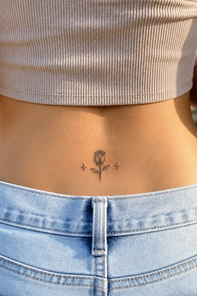 A small black rosebud centered on the upper back with two tiny spark dots on either side. The rosebud has minimal shading and a curled bud outline.
