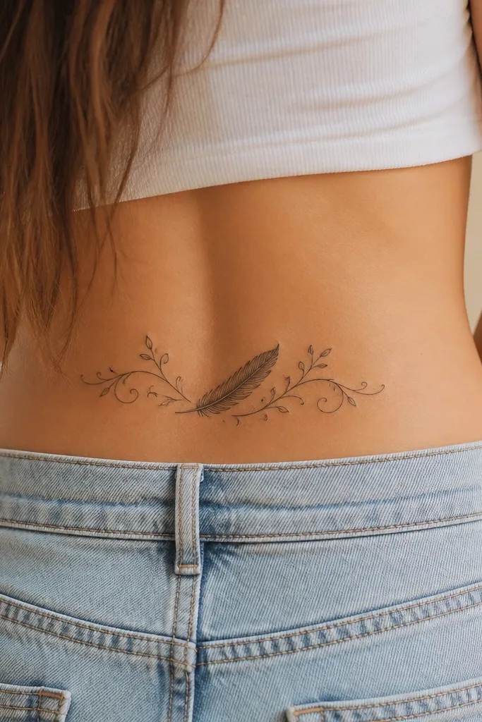 A small feather outlined in black, surrounded by a simple vine frame. The feather has a few internal line ridges, and the vine has two leaves at the bottom corners.