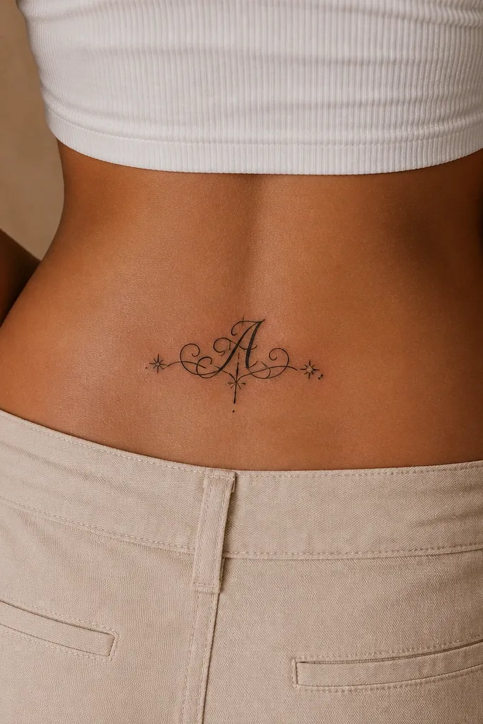 A single black initial on the upper back with a curly flourish that wraps outward into a small loop on one side. The flourish has thick strokes and clean curves.