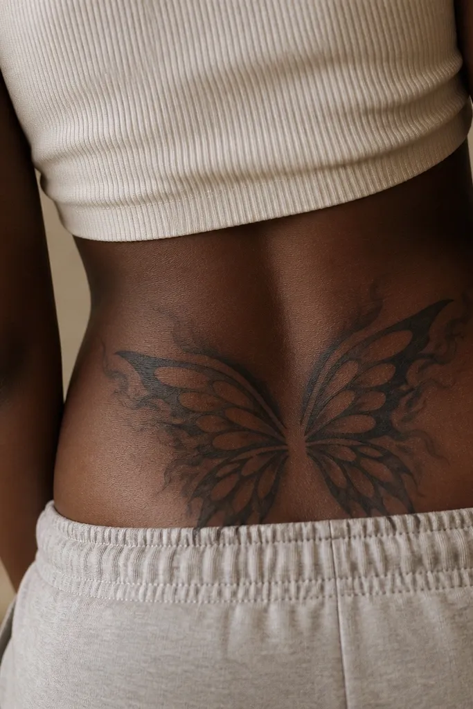 Two symmetrical butterfly wings across the upper butt dip. The wings are outlined in crisp black with inner cutout shapes. Behind the wings is soft black smoke shading that fades outward.