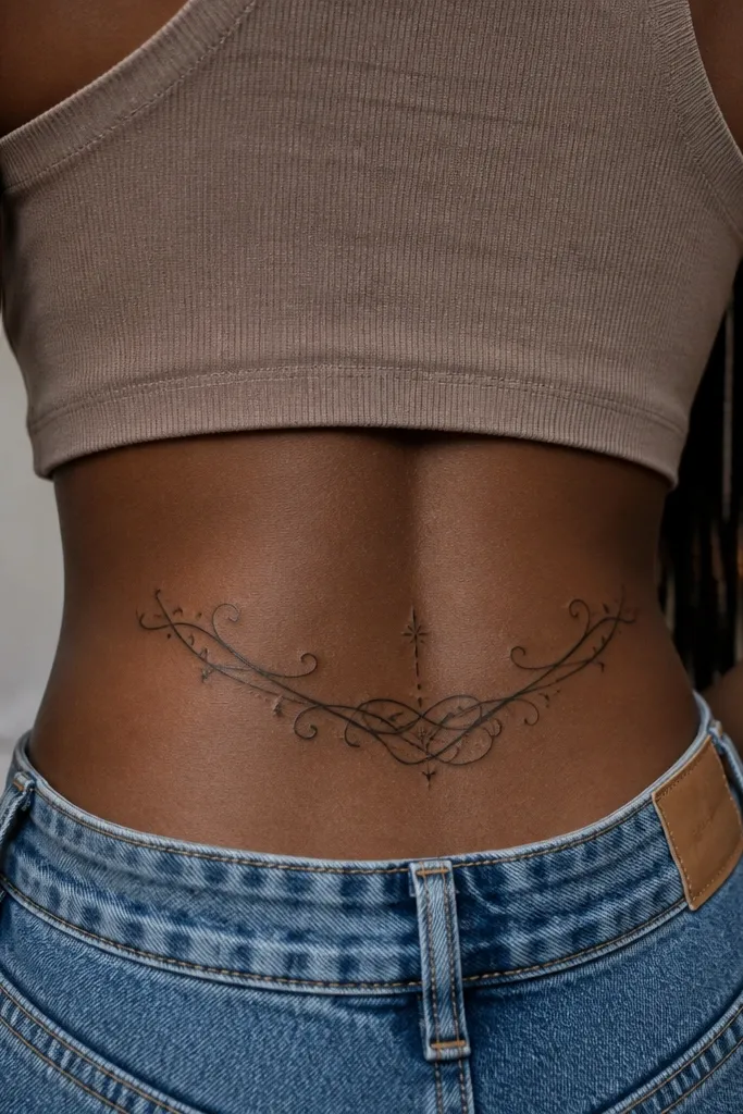 A curved line of script in dark black ink spanning horizontally across the upper butt dip. The letters are serifed and slightly tall, with a gentle upward swoop at both ends.