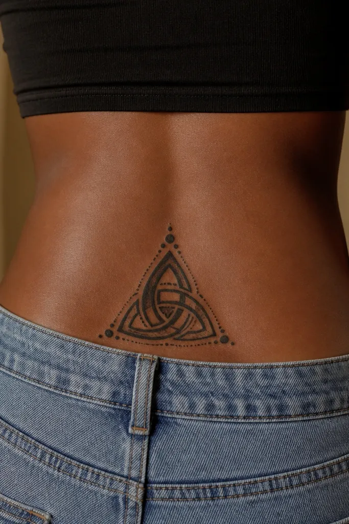 A centered triangle knot design in black linework. Inside the triangle are layered lines and a few small dot-work accents along the edges. Clean symmetry, no shading beyond dots.