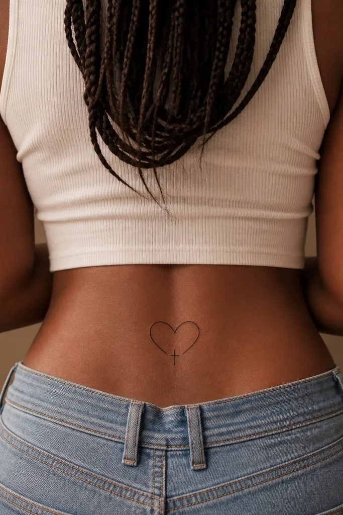 A minimalist heart outlined in black across the dip. The heart has one small crossbar detail near the top and a few micro dots on the lower point.