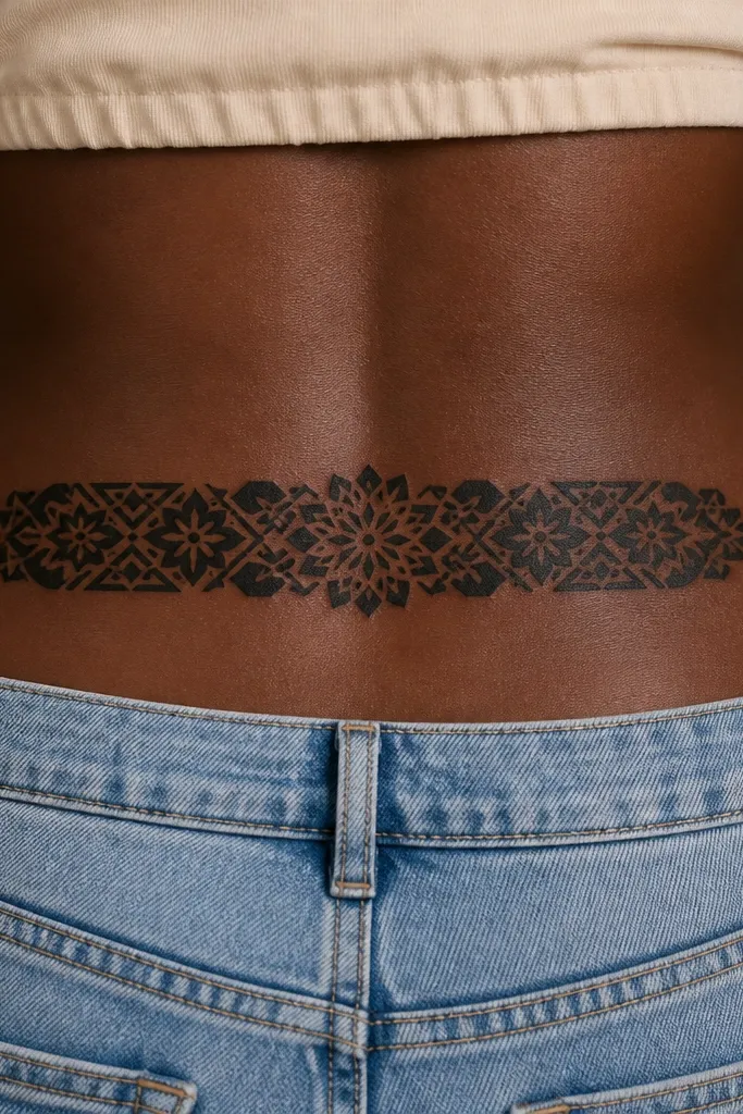 A horizontal band of geometric Arabic-inspired shapes across the dip. The band has solid black fill in the main sections and gray shading in small sections between shapes.