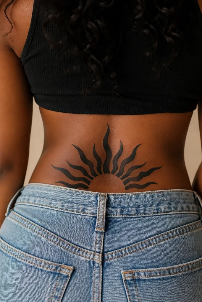 A bold sunburst across the dip with thick black rays. The center is a small circle filled in black, with a few short tribal-like line marks around it.