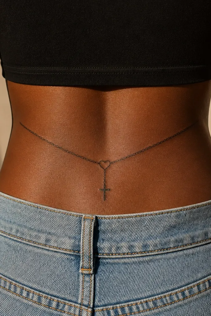 A delicate chain drawn across the dip, with a small cross charm centered. Below the cross hangs a single small heart link. The chain is black with light gray shading under the charms.