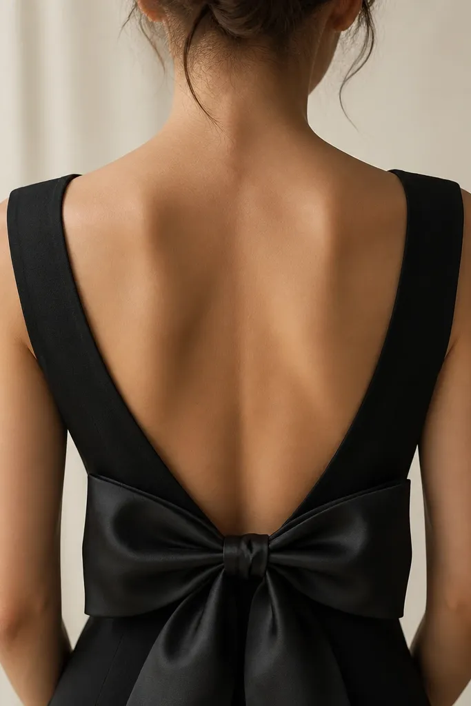 A symmetrical black bow with two loops and a small knot at the center, placed horizontally across the lower back.