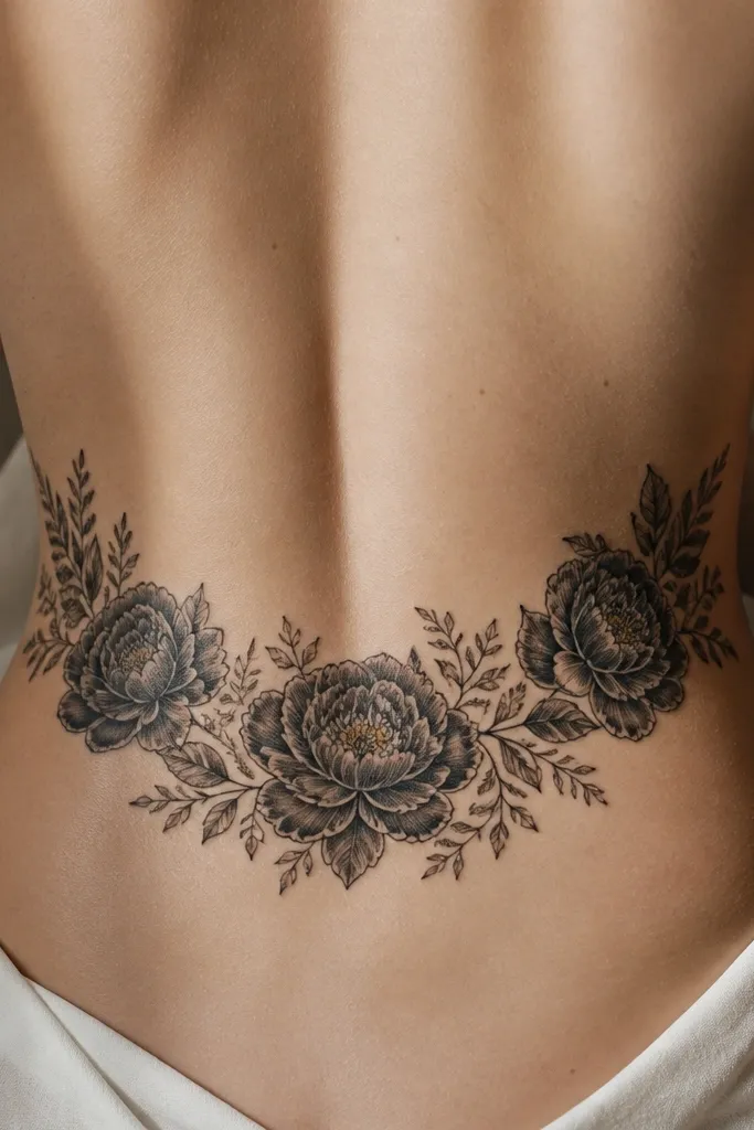 A curved floral band wrapping around the lower back, with black peony-like blooms and small leaves filling the space on both sides.