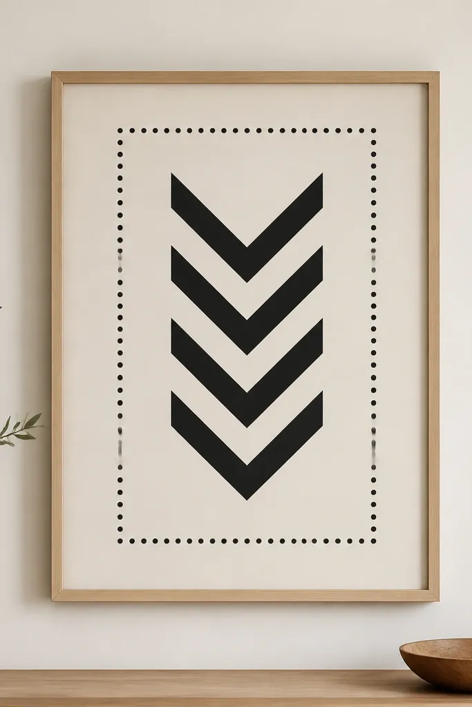 A centered chevron pattern in black with clean lines and a dotted border around it.