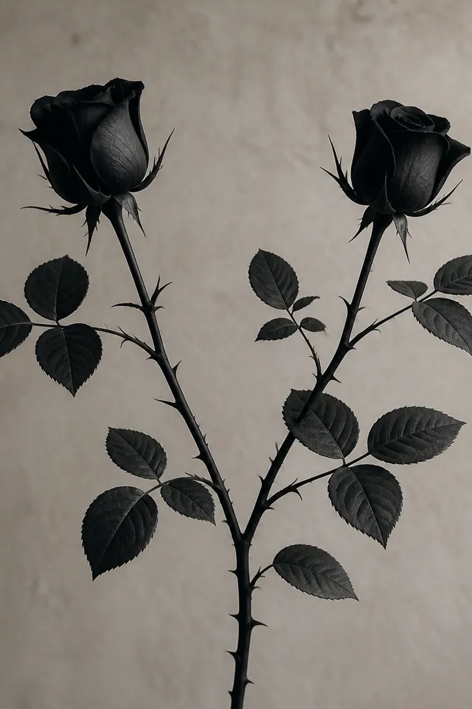A black vine rising from the center with two rose buds slightly higher on both sides; small thorns and leaves curve outward.