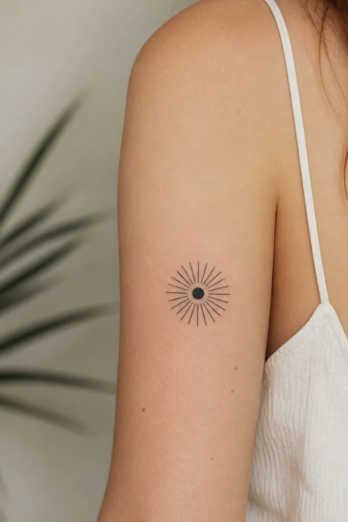 A circular sunburst in black ink with short straight rays evenly spaced around a filled center dot.