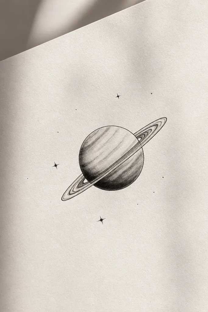 A small planet with a ring tilted diagonally, surrounded by a few tiny stars; all in black ink with subtle gray shading on the planet.