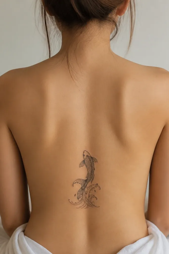 A black koi fish outline facing upward, with a small splash of curved lines near the tail; centered on the lower back.