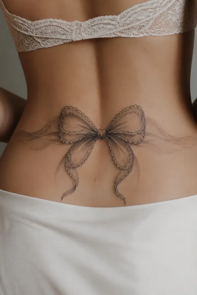 A lower-back tattoo shaped like a lace bow. The bow has fine line loops and scalloped edges, with grey wash behind it like a veil. The ends of the bow taper into two curved ribbons.