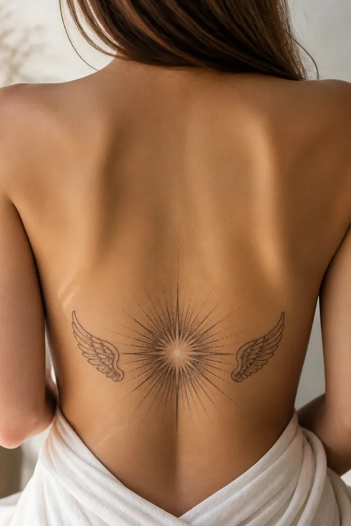 A starburst halo centered on the lower back with two small curved wings on either side. The starburst has thin rays with dot shading between them. The wings are outlined in black with light grey shading.