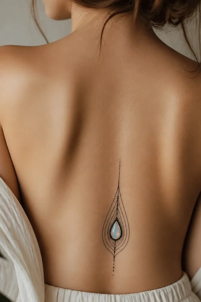 A teardrop-shaped frame around a small opal-like center. The frame has thin black lines with tiny dot shading and a faint grey gradient inside the teardrop. The bottom of the teardrop sits near the lower back curve.