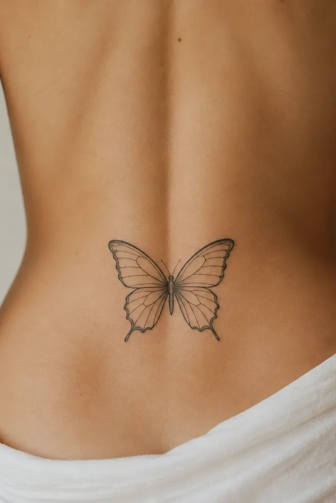 A single butterfly centered on the lower back. Wings have black outlines and fine internal lines, but large parts of the wings are left blank as negative space. The body is a thin black line with small dot shading.