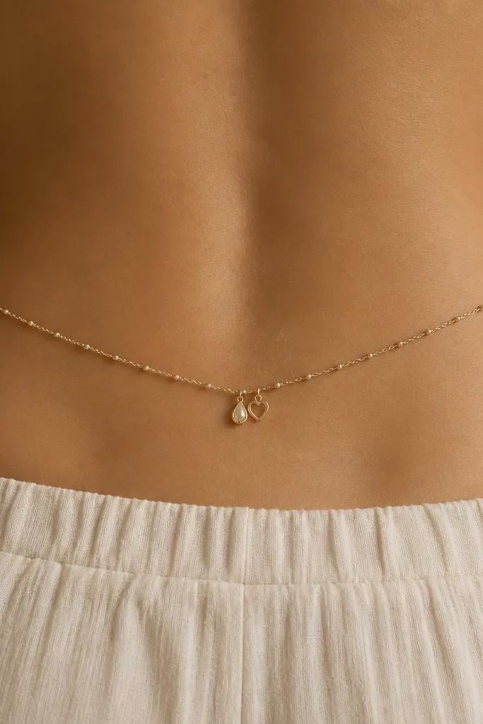 A curved chain outline across the lower back with tiny pearl dots along the links. Two small charm shapes hang near the center - one looks like a teardrop, the other like a tiny heart outline.