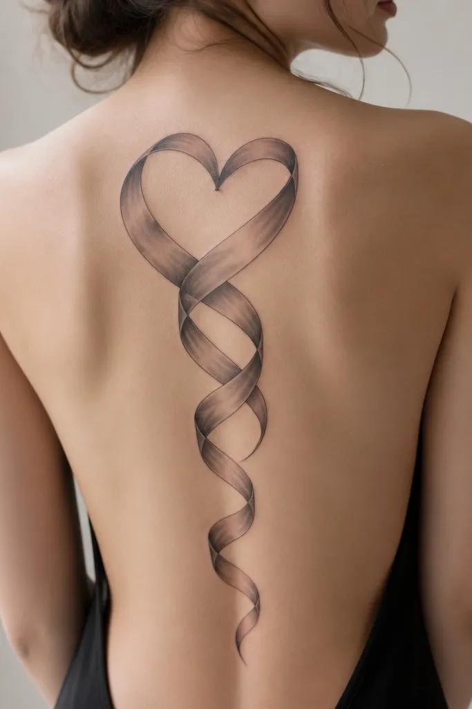 A ribbon scroll design in black and grey with a soft rose tint implied through grey wash. The ribbon curls into a heart-like loop at the top and tapers toward the lower back.