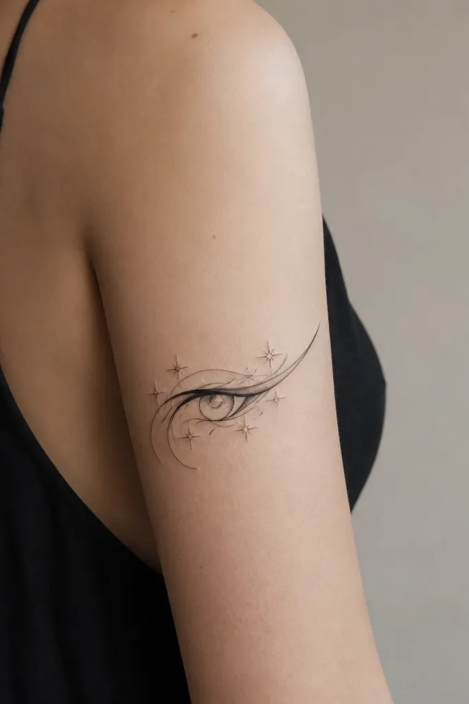 A cat-eye shaped swirl tattoo with a sharp, winged end. Small spark flares - like tiny starbursts - dot around the swirl. It's mostly black linework with light grey shading under the swirl.