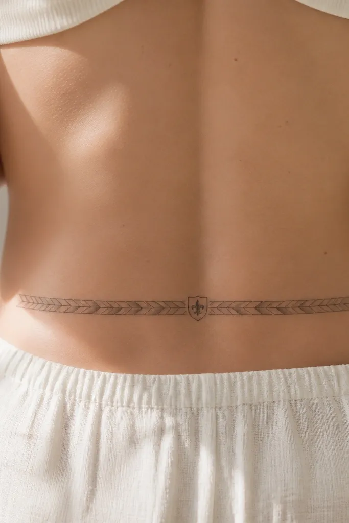 A thin herringbone pattern border across the lower back with a tiny crest symbol centered inside. The border uses fine black lines with alternating grey shading in the herringbone cells.