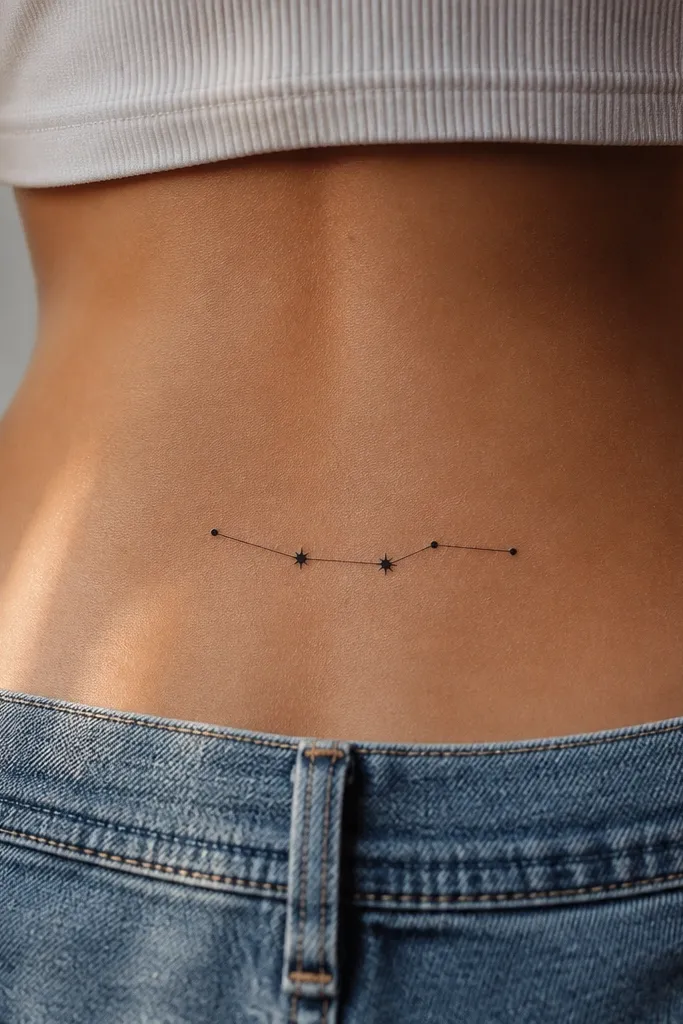 A small black constellation tattoo with 6 tiny dots connected by thin lines, placed horizontally on the lower back. The dots are evenly spaced, with two slightly larger stars near the center.