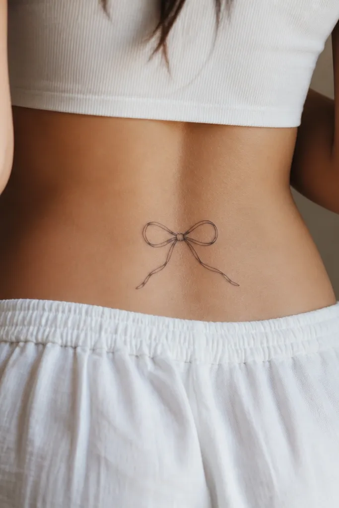 A clean black line bow tattoo on the lower back. The bow has two loops and a thin tail that extends outward, with white negative space forming the inner bow folds.