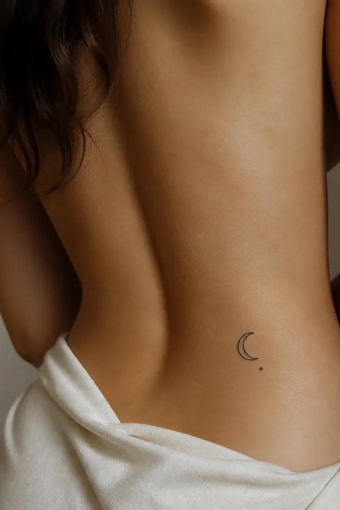 A small black crescent moon with a single dot beside it on a lower-back placement. The crescent has a clean outline and a hollow interior, with the dot slightly lower.