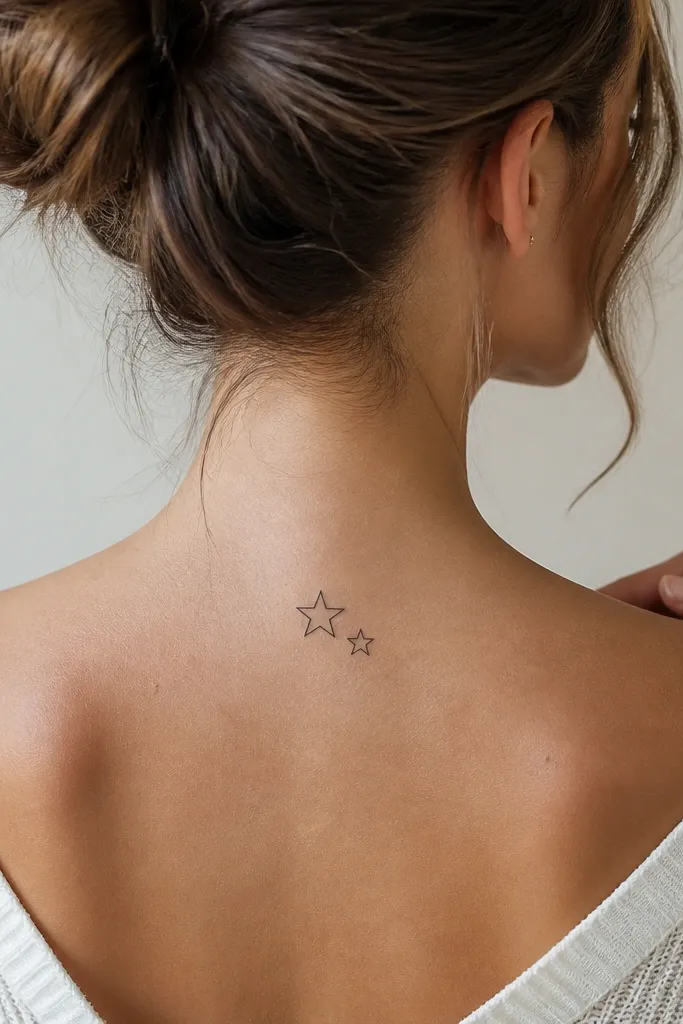 Two small five-point stars drawn in black linework, placed close together like a tiny burst. One star is slightly larger than the other on each back.