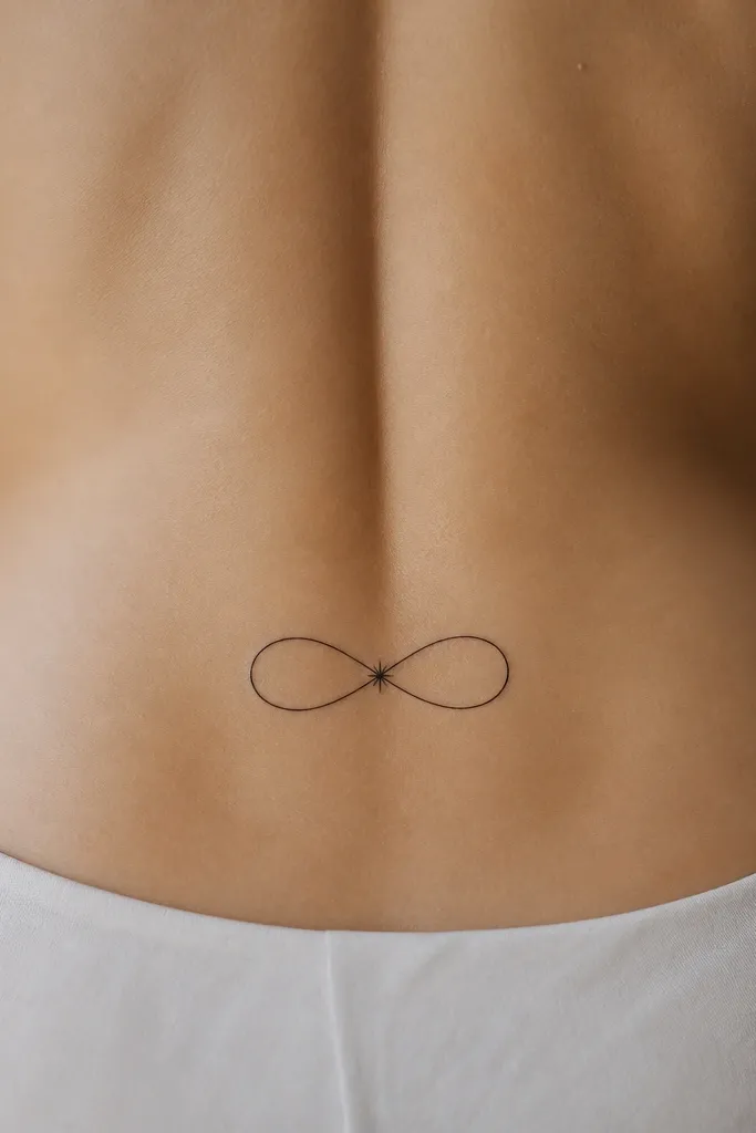 A thin black infinity symbol drawn with clean curves on the lower back, with one small spark-like star at the center crossing. No other elements.