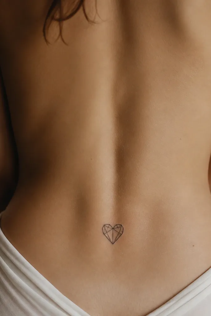 A small heart drawn with geometric lines, like a faceted outline, in black ink. The heart sits horizontally on the lower back with lots of negative space inside.