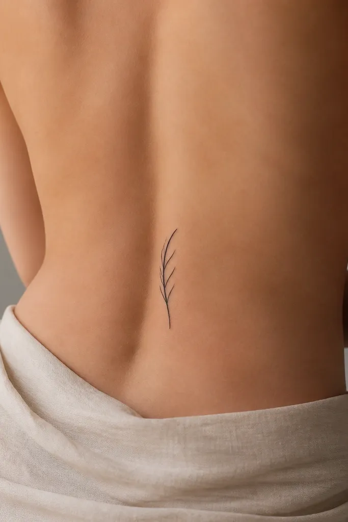 A small black feather on the lower back drawn with a single central shaft and only a few lines on one side. The feather interior is mostly negative space.