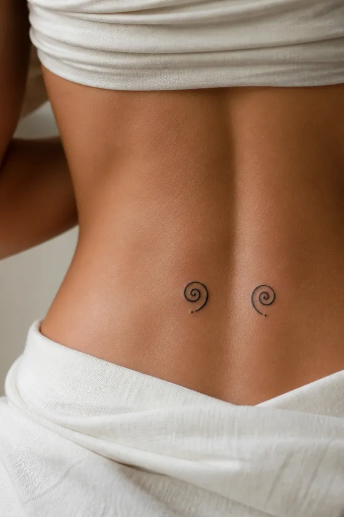 Two small black swirl tattoos on the lower back, each a tight spiral with a single dot in the center. The swirls face inward toward the spine line.