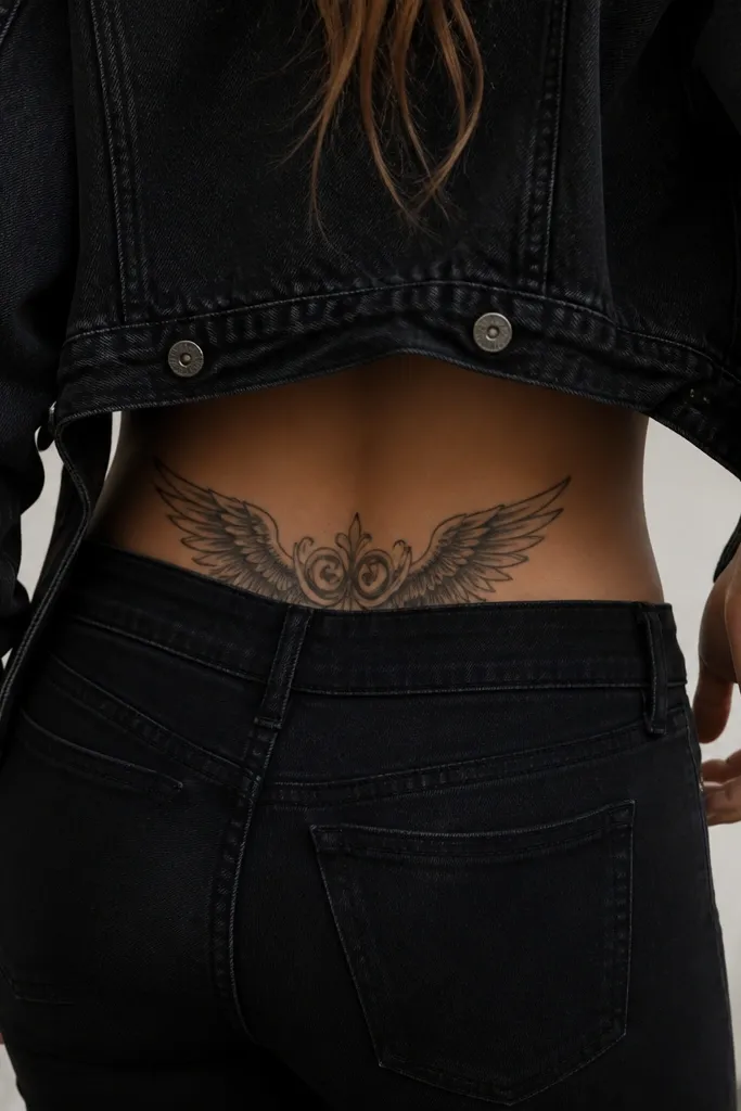 A cropped black denim jacket is open, showing a tramp stamp tattoo on the lower back. A small back pocket sits low enough to peek under the tattoo edge, and the tattoo wings look like they're emerging from shadow.