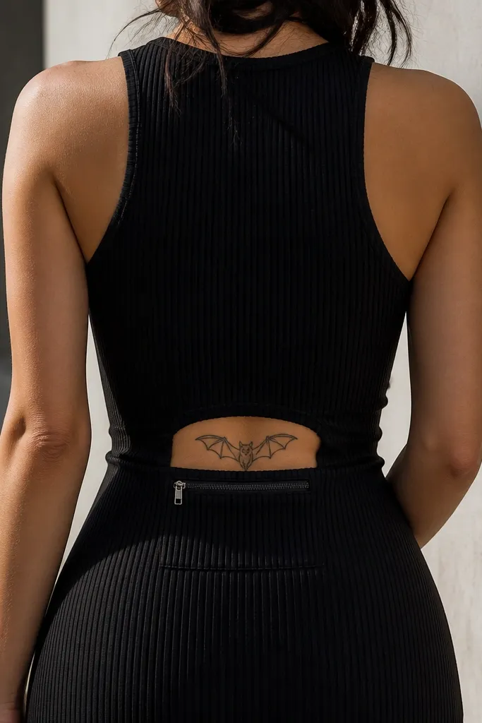 A black ribbed knit bodycon dress has a small rear zip pocket panel at the waist. A bat tramp stamp tattoo sits centered above the pocket, wings drawn with crisp outlines.